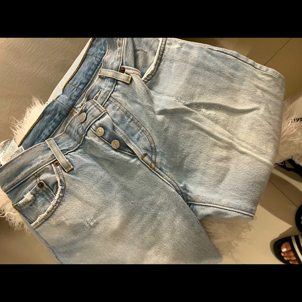 Levi’s straight leg jeans, size 26, 32 L, mid-rise, barely worn, distressed, 501